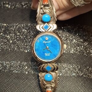Sleeping Beauty Turquoise Coral Sterling Silver  Ladies Watch Diamond Dial